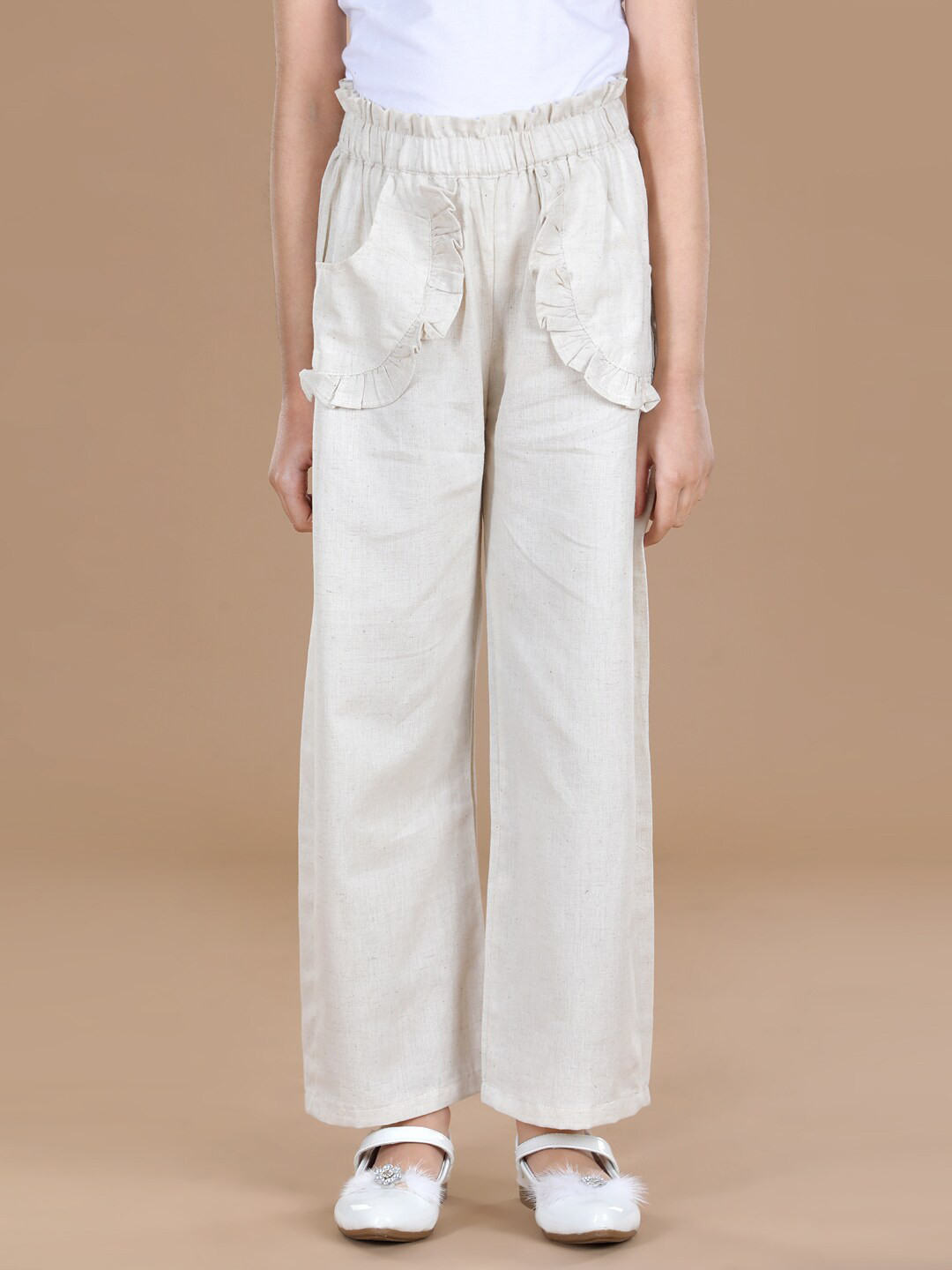 Cutiekins Girls Off White Solid Knitted Linen Palazzos