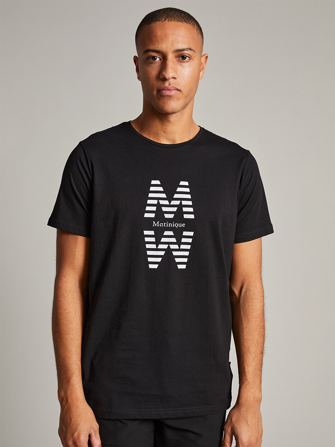 Matinique Men Black & White Brand Logo Printed Pure Cotton T-shirt