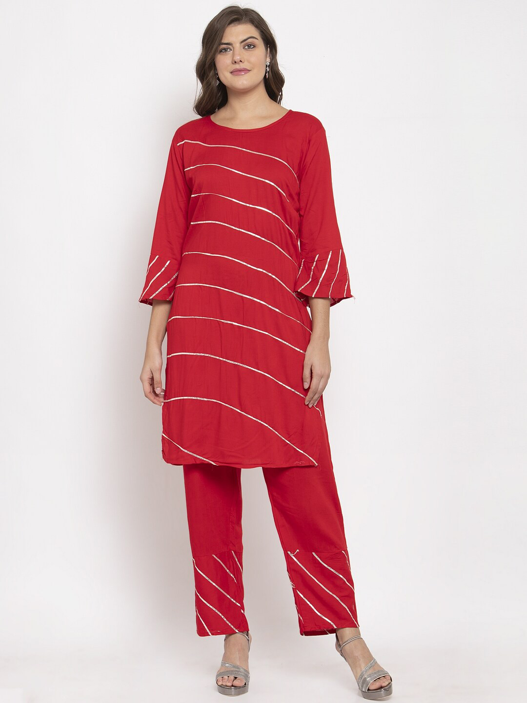 SOUNDARYA Women Red Panelled Kurti with Sharara