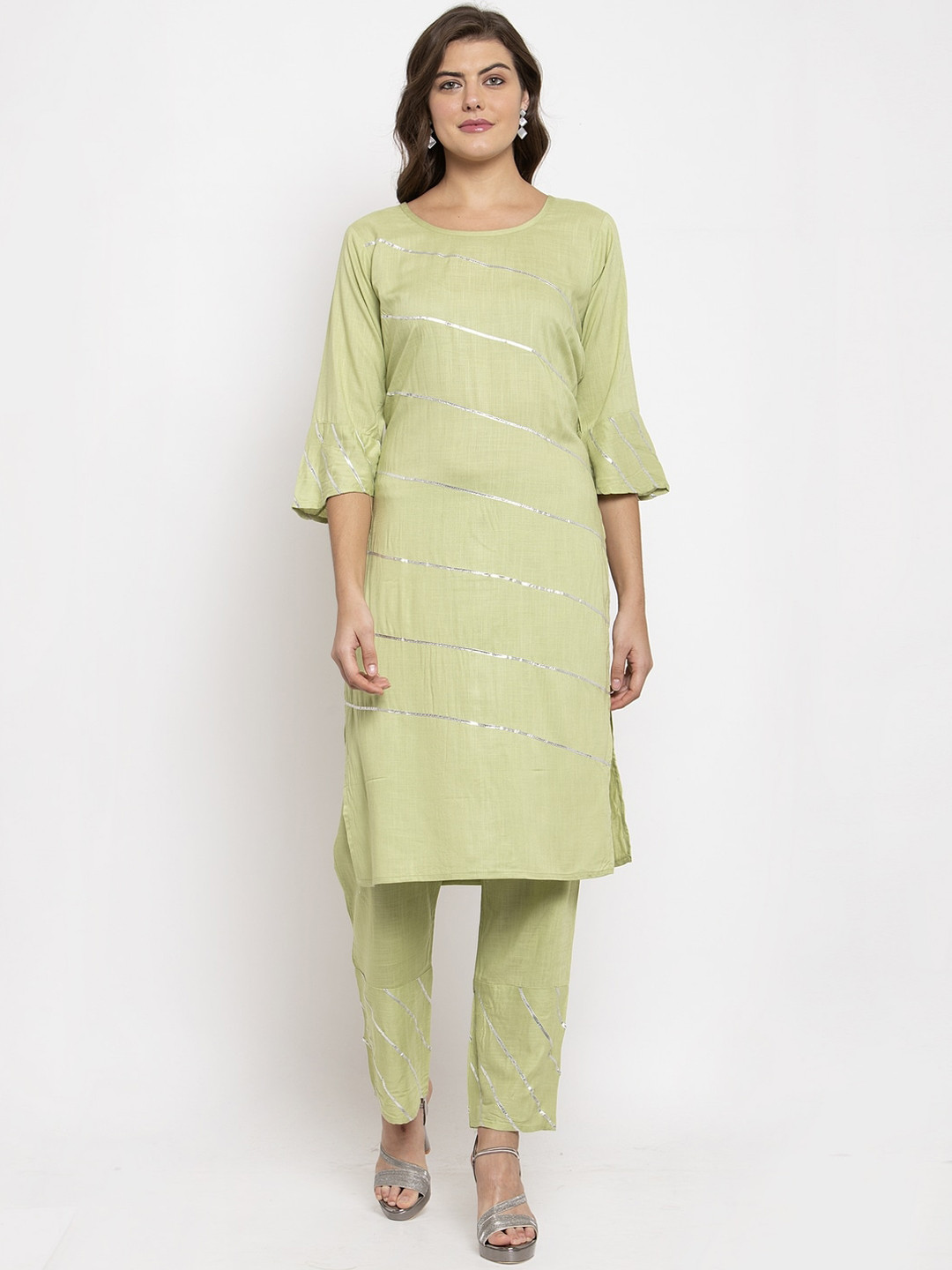 SOUNDARYA Women Lime Green Gotta Patti Detailed Kurti with Trousers