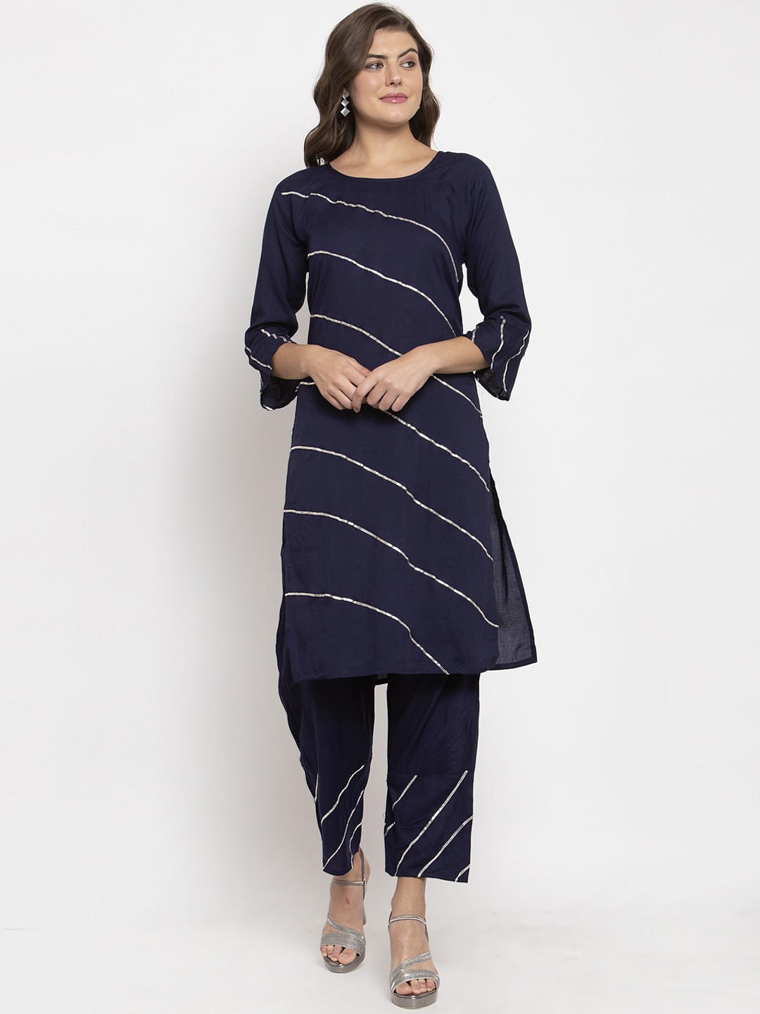 SOUNDARYA Women Navy Blue Printed Kurti with Trousers