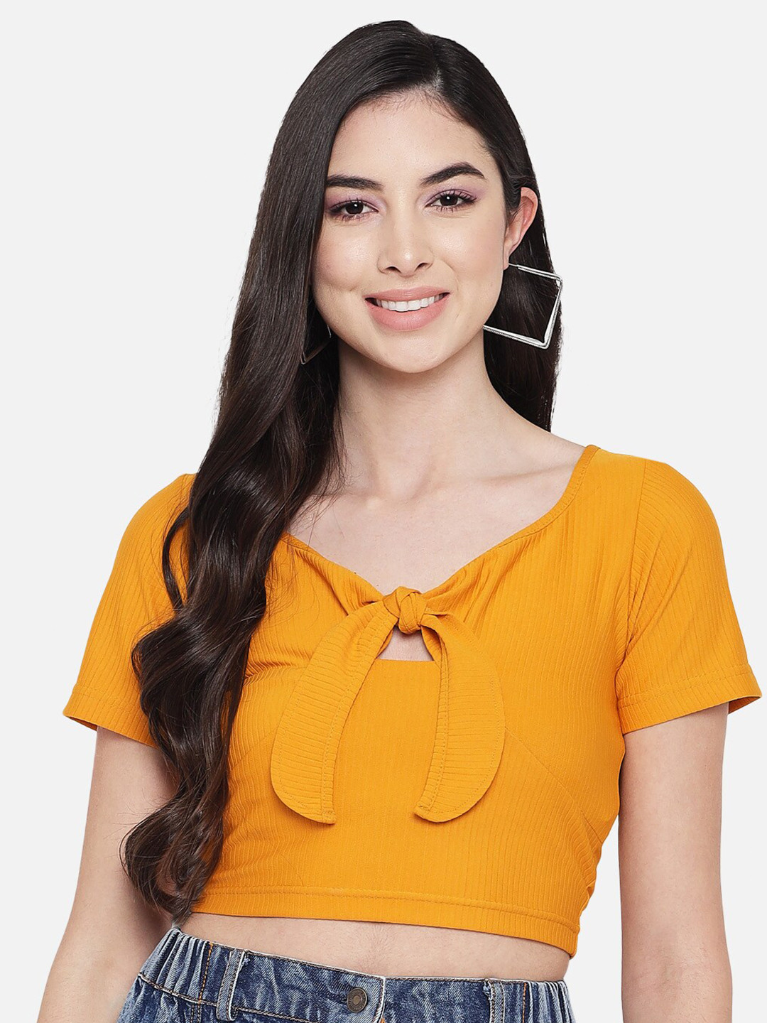 Orchid Blues Women Mustard Yellow Tie-Up Neck Crop Top