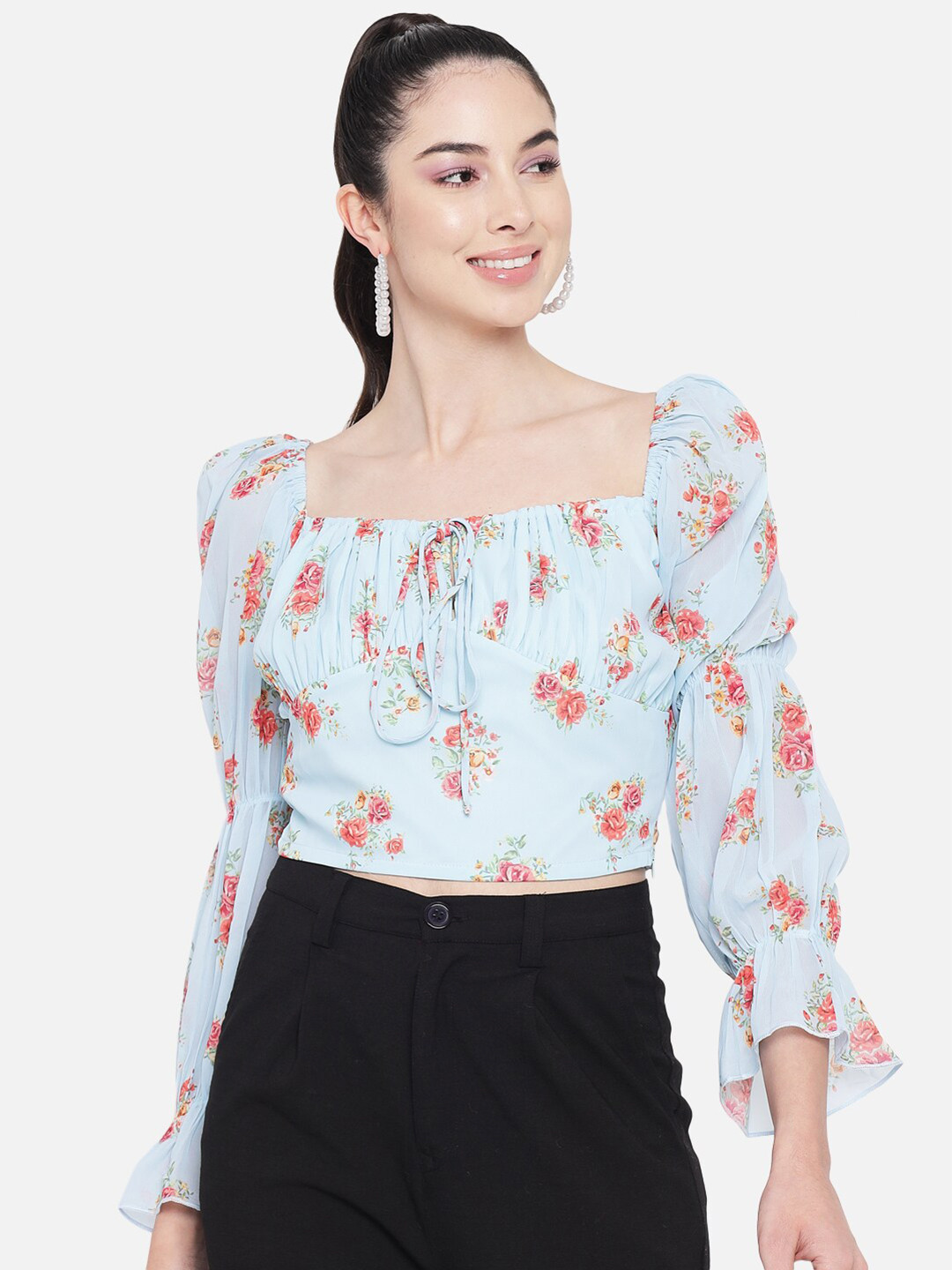 Orchid Blues Blue & Pink Floral Print Georgette Top
