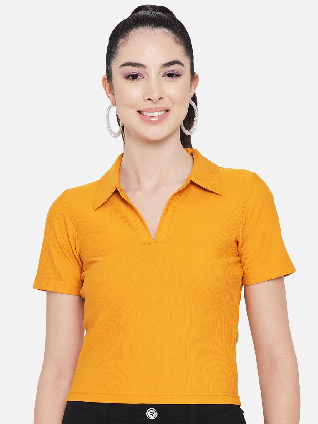 Orchid Blues Women Mustard Yellow Shirt Style Crop Top