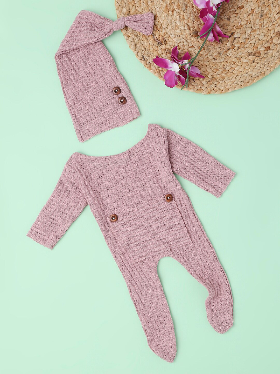 Babymoon Infants Rose Stretchable Bodysuit & Cap Photoshoot Outfit