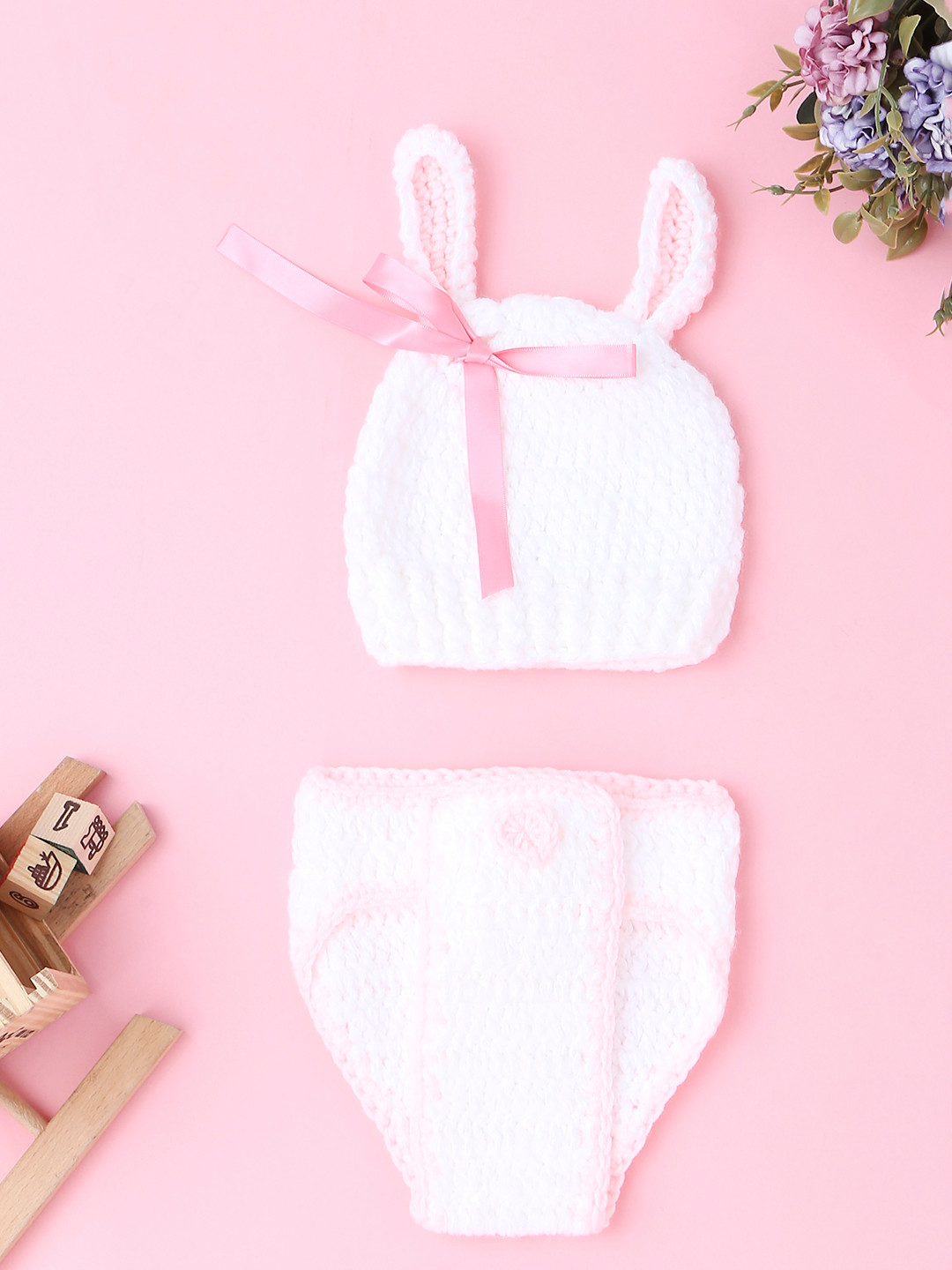 Babymoon Infants White & Pink Rabbit Crochet Hat & Shorts Photography Outfit