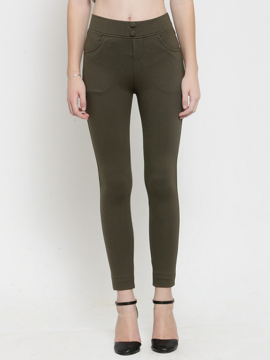 Clora Creation Women Olive-Green Solid Jeggings - Skinny Fit
