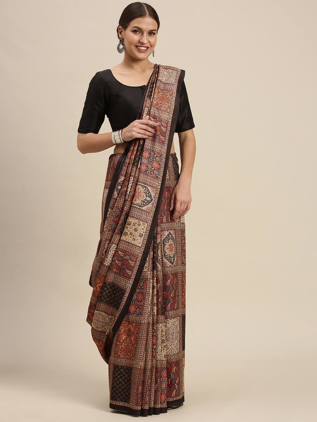 SANGAM PRINTS Brown & Black Ethnic Motifs Silk Blend Saree