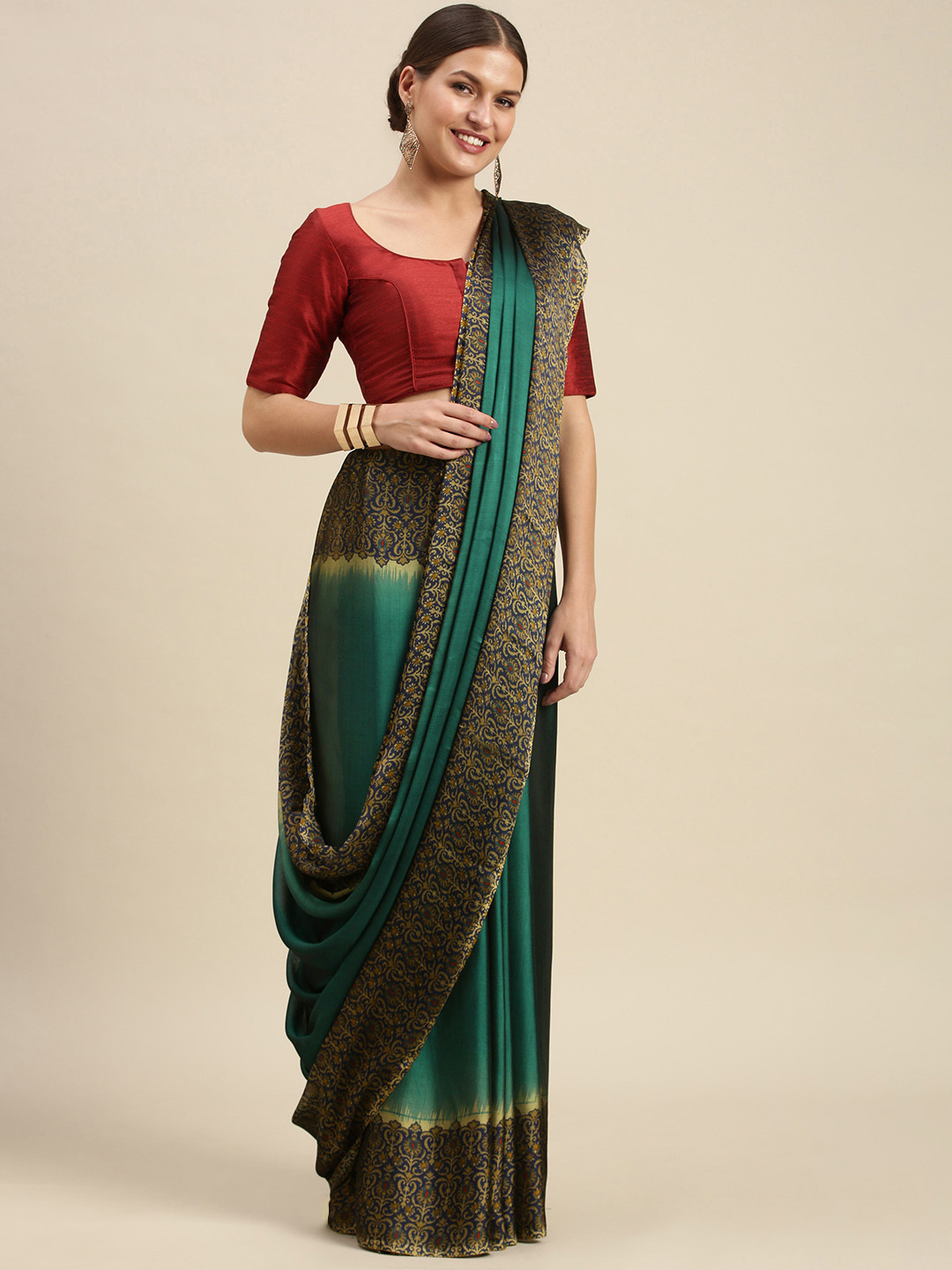 SANGAM PRINTS Green & Navy Blue Ethnic Motifs Crepe Saree