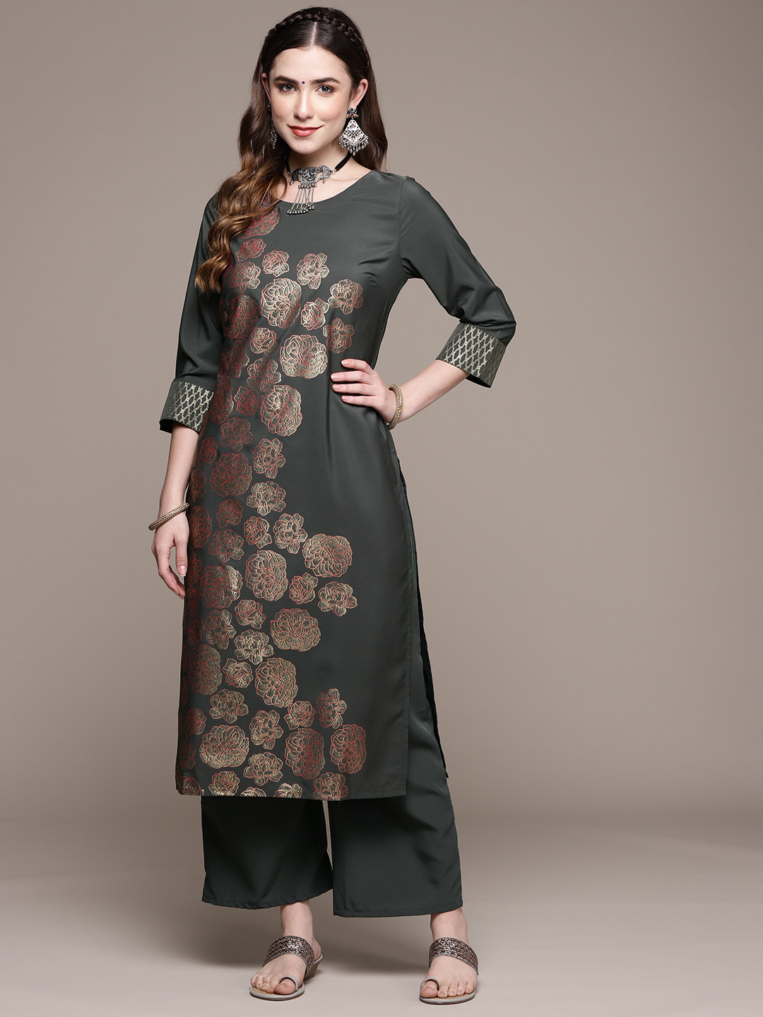ZIYAA Women Charcoal Grey & Golden Floral Printed Kurta with Palazzos