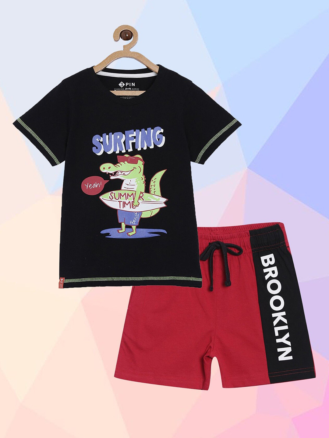 3PIN Boys Black & Red Printed Pure Cotton T-shirt with Shorts