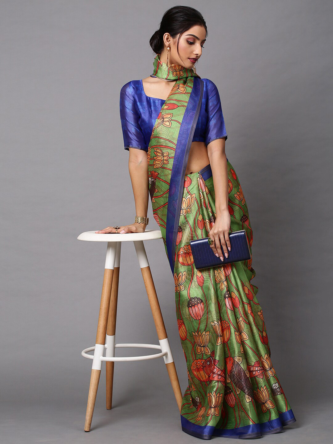 Mitera Olive Green & Blue Ethnic Motifs Pochampally Saree