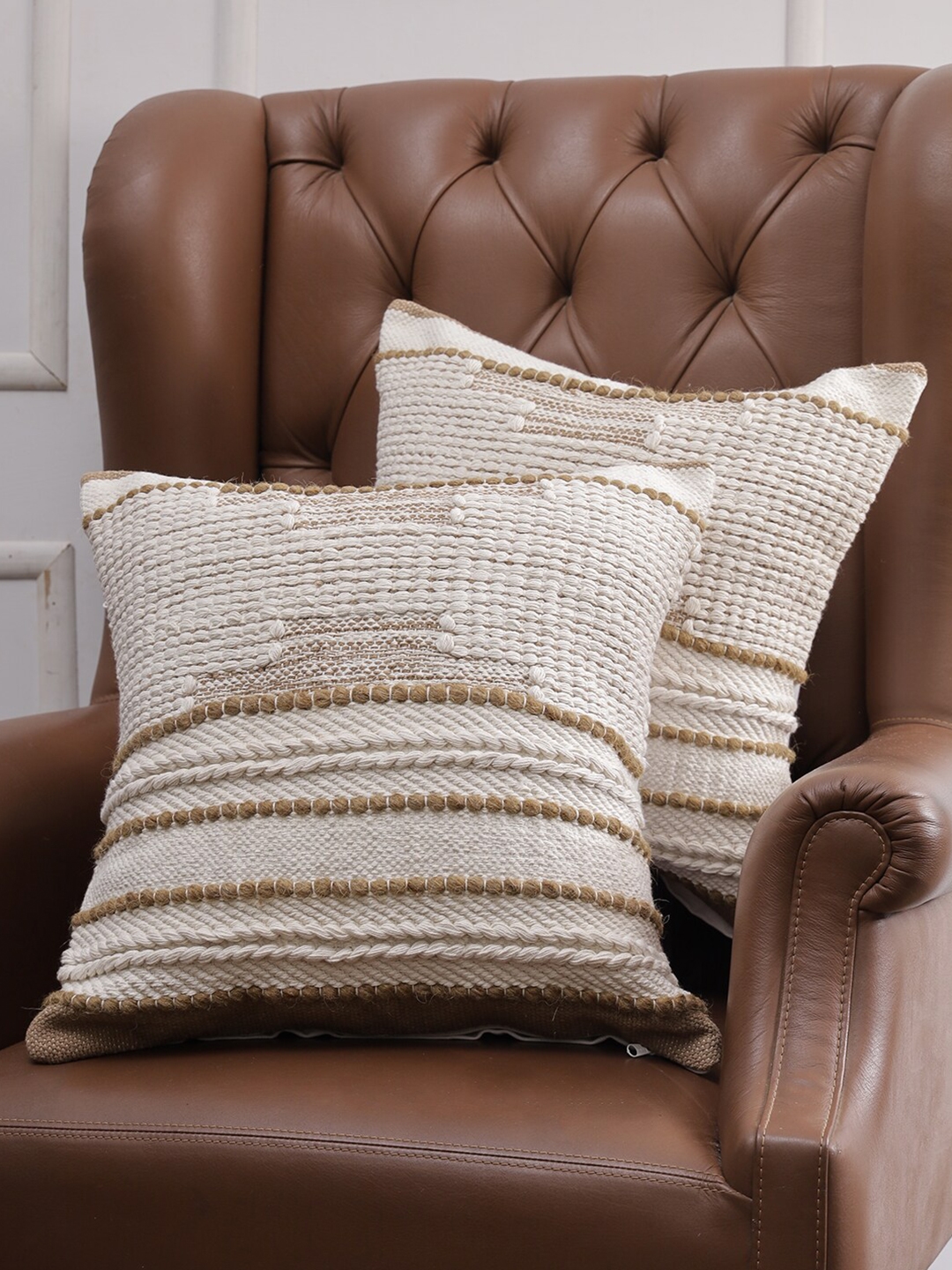 Soumya White & Brown Set of 2 Self Design Square Cushion Covers