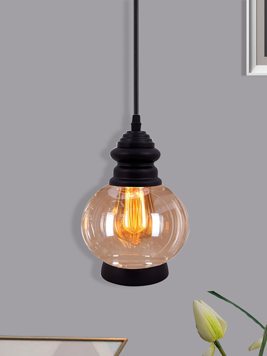 Homesake Black Adjustable Hanging Light With Amber Glass Jar Shade