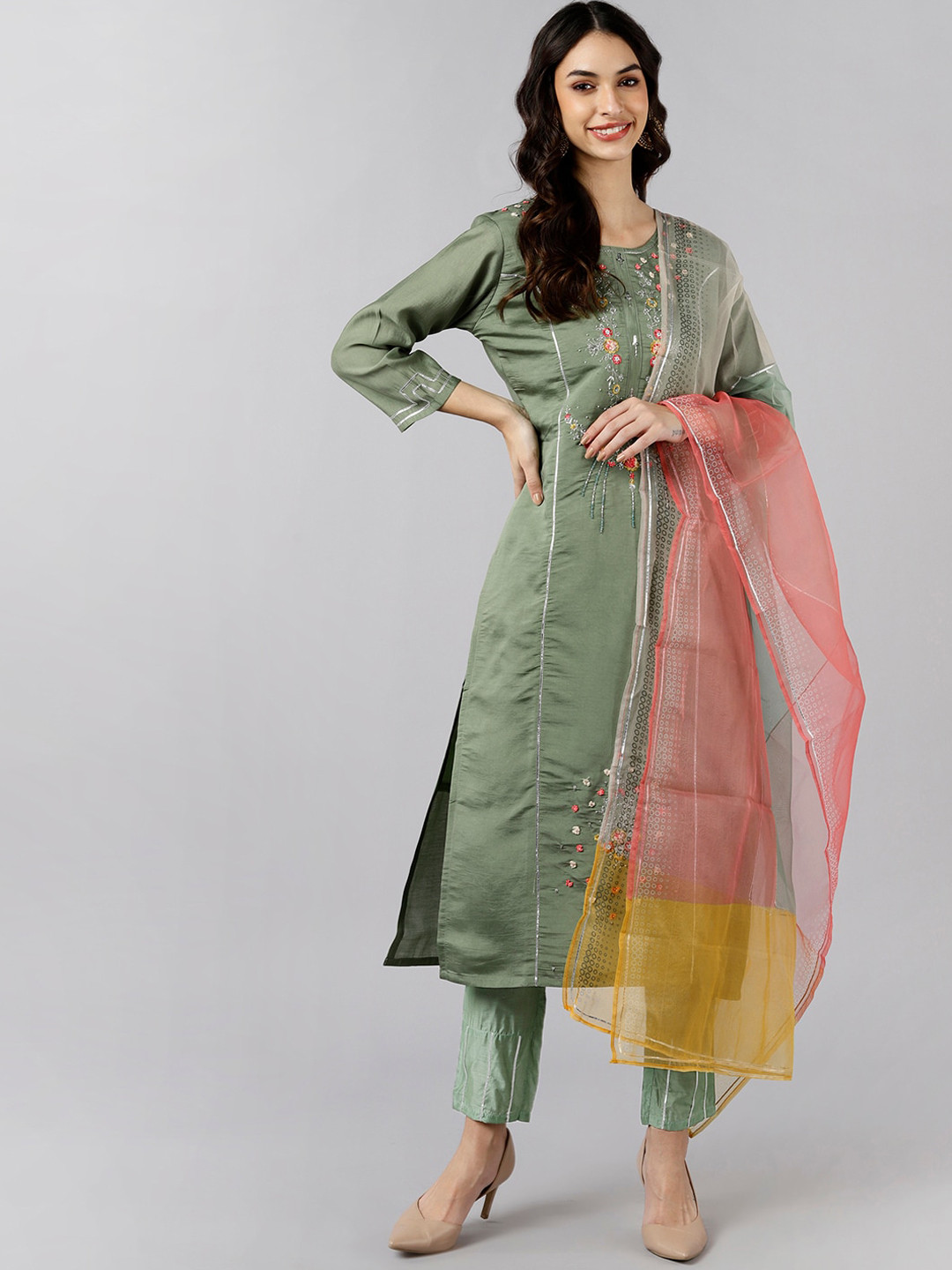 AHIKA Women Olive Green Embroidered Panelled Kurta with Trousers & With Dupatta