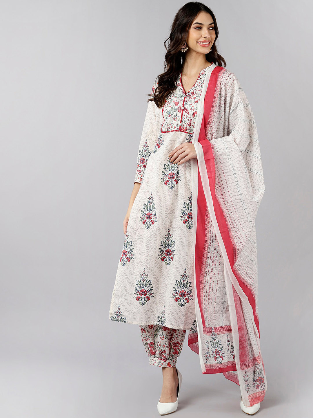 AHIKA Women Off White & Red Floral Printed Pure Cotton Kurti with Palazzos & With Dupatta