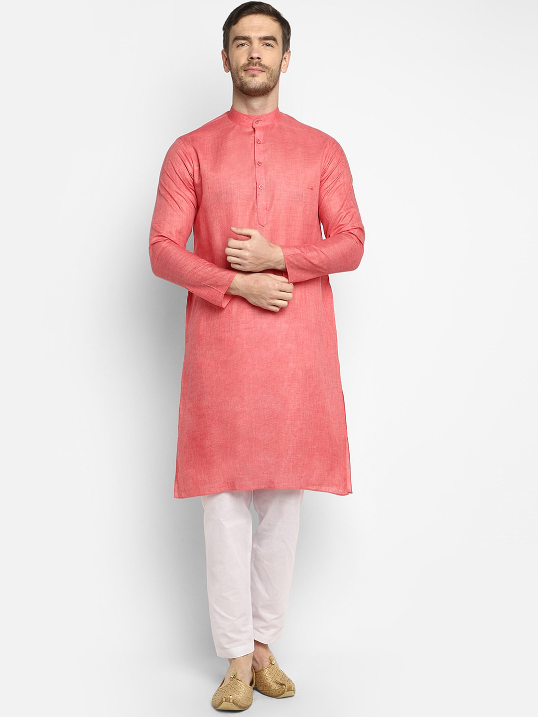 DEVOILER Men Salmon Pink Straight Cotton Kurta