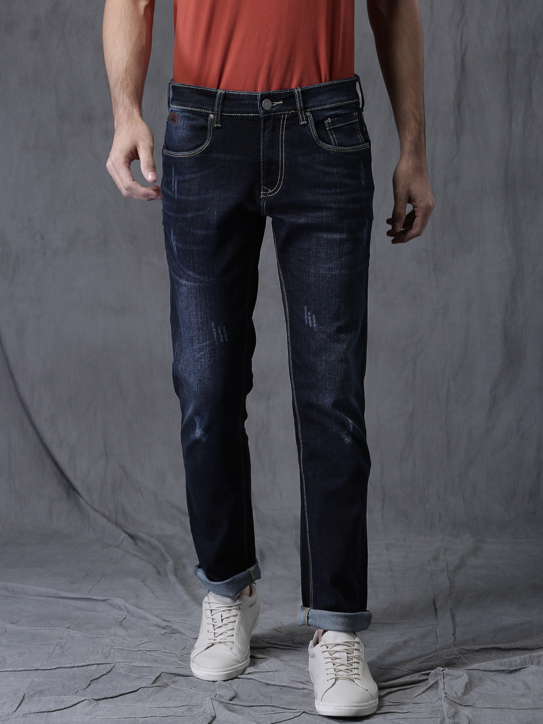 Buy WROGN Men Navy Blue Slim Fit Mildly 