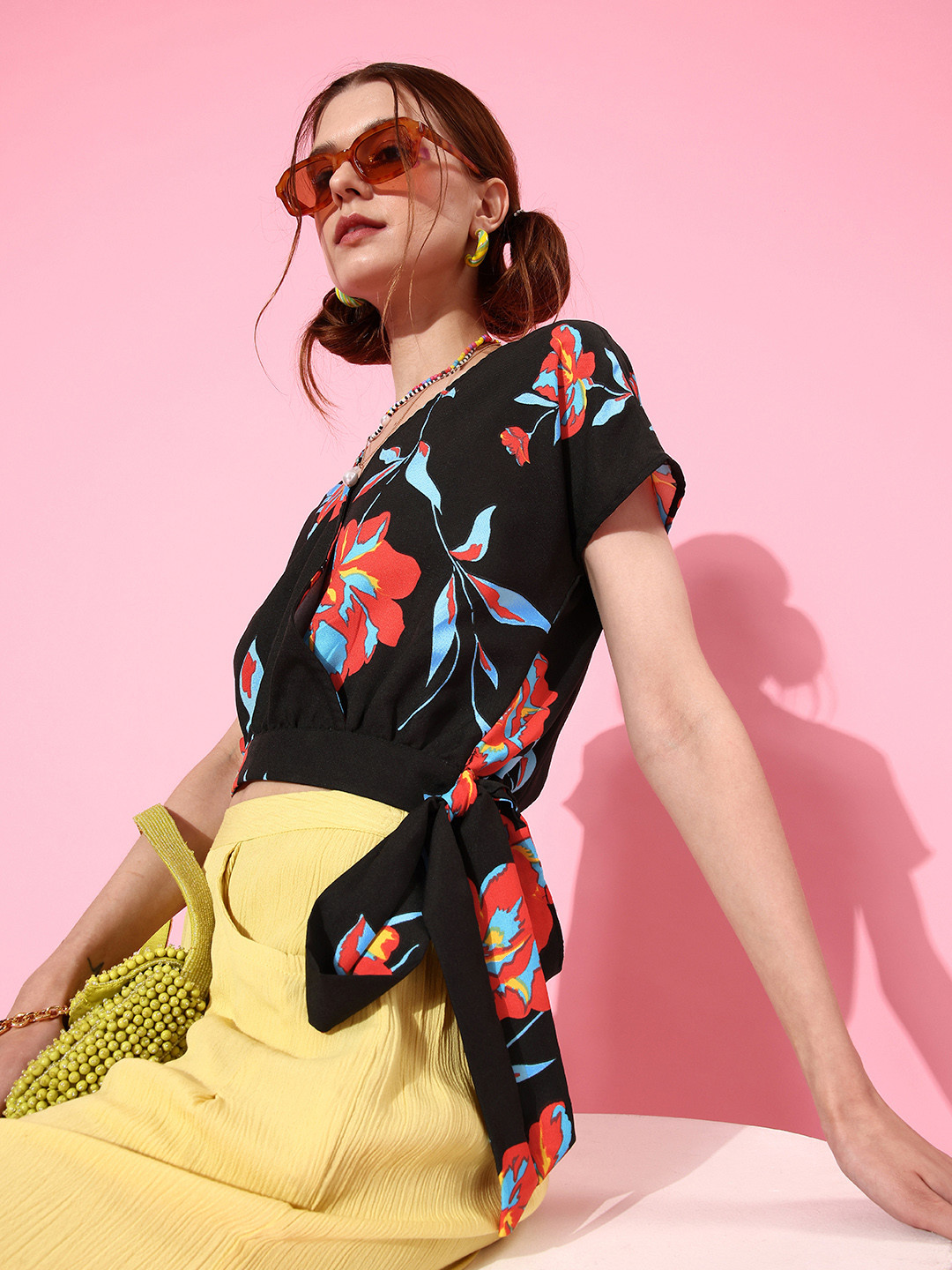 4WRD by Dressberry Black Tropical Wrap it Up Top