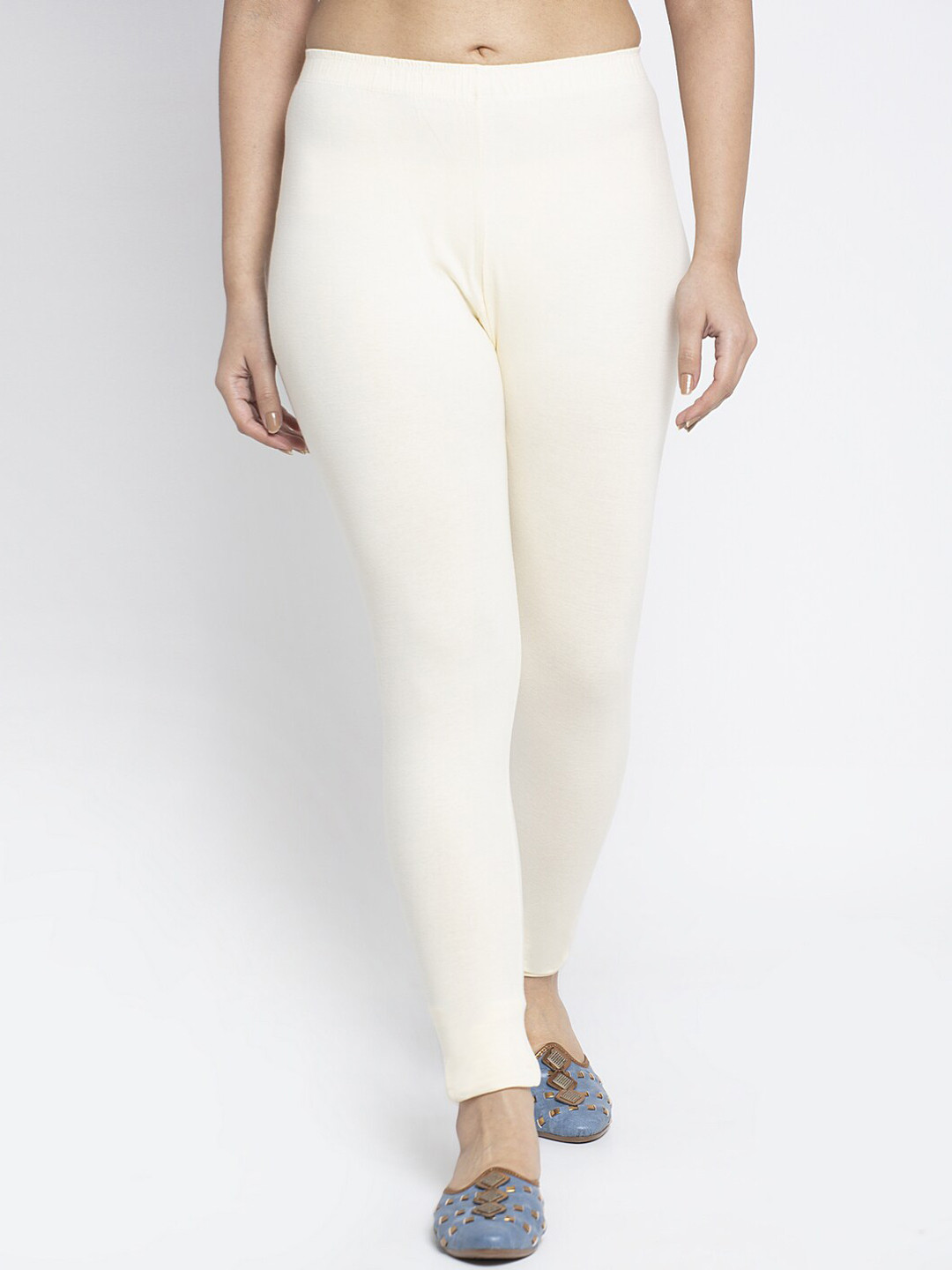 Jinfo Women off White Solid Cotton Lycra Legging