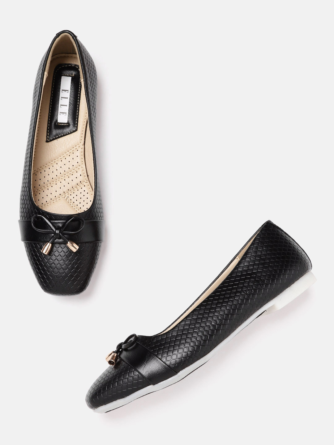 ELLE Women Black Snakeskin Textured Ballerinas with Bows