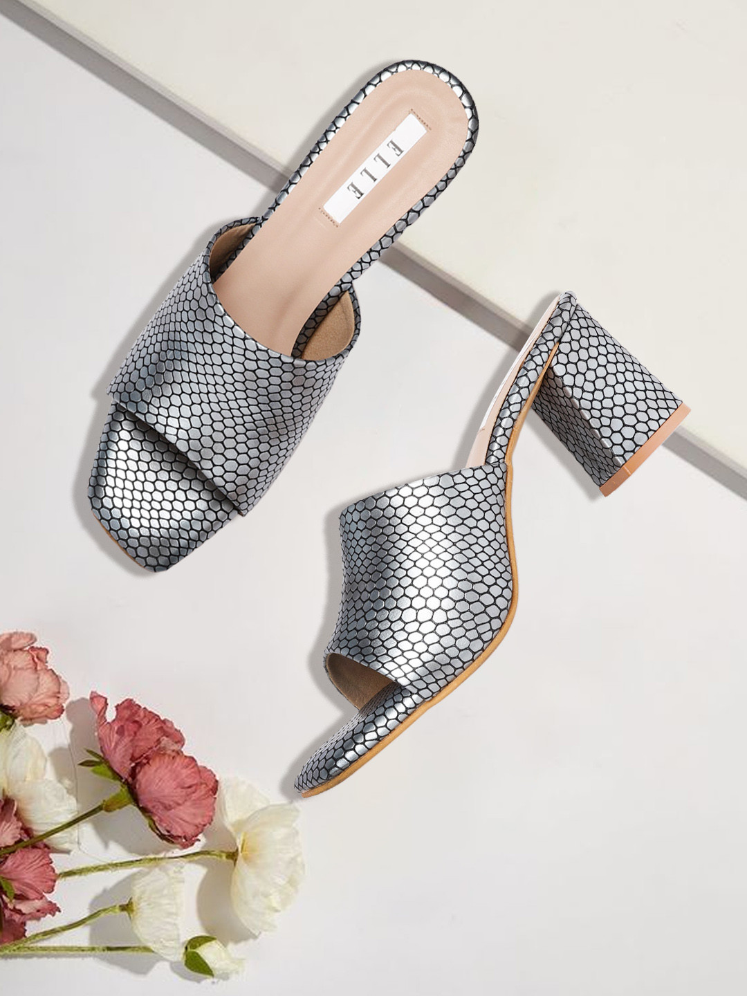 ELLE Grey & Black Snakeskin Textured Block Heels