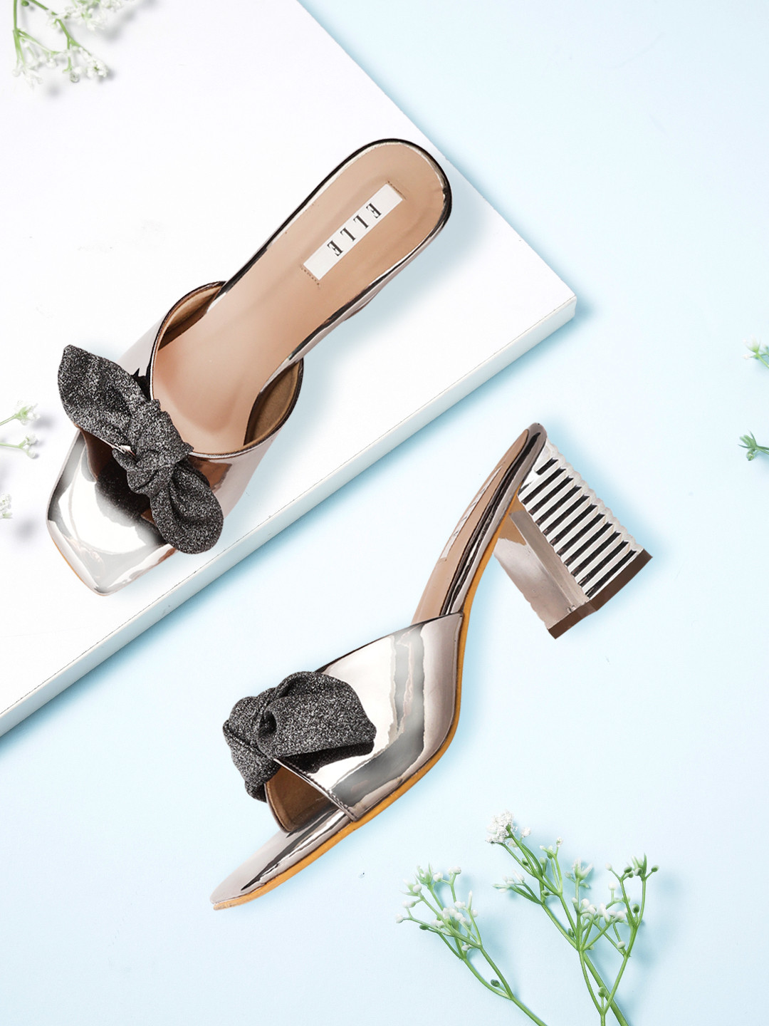ELLE Gunmetal-Toned Block Heels with Bows Detail