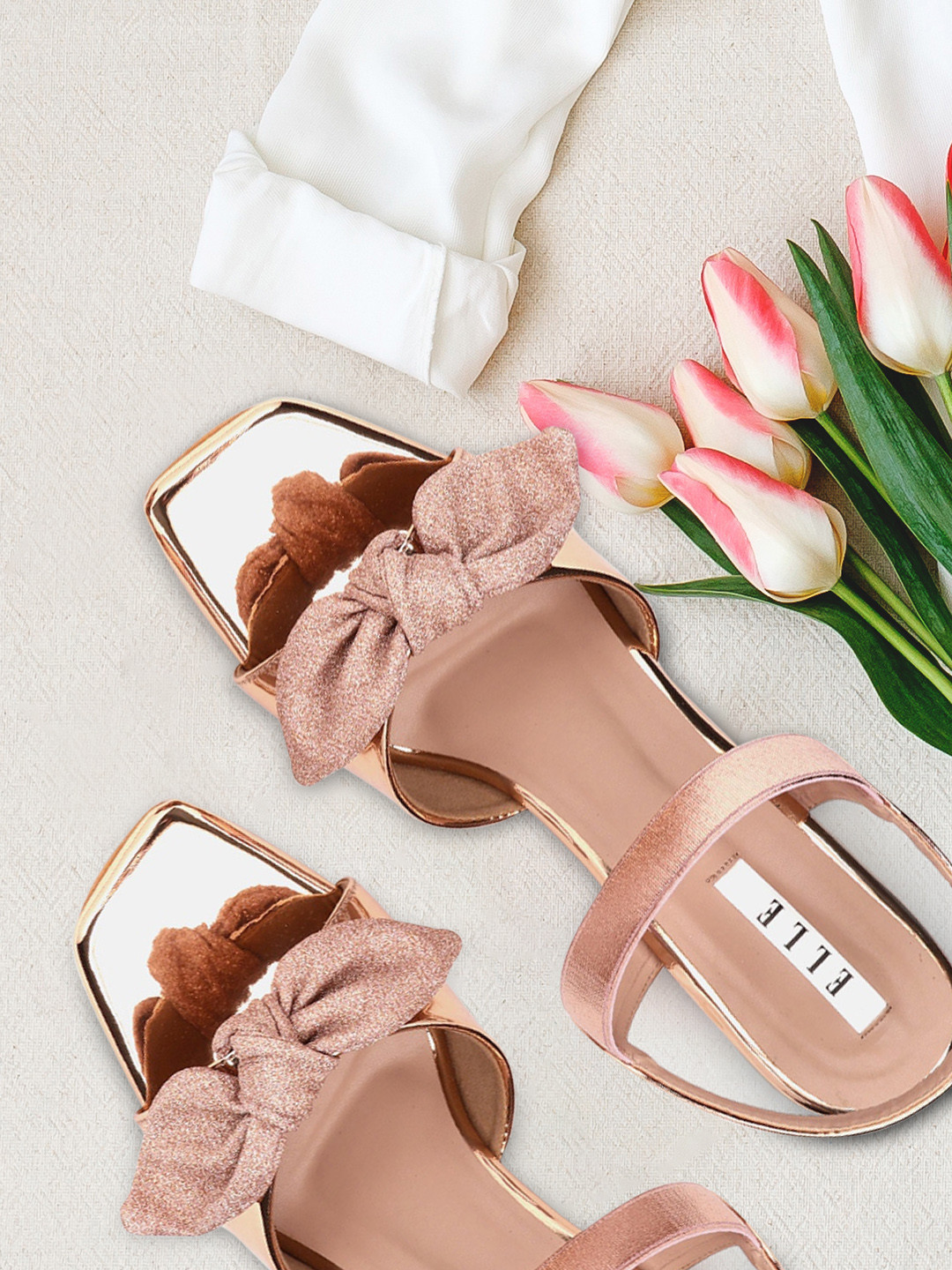 ELLE Rose Gold-Toned Block Heels with Shimmer Bows