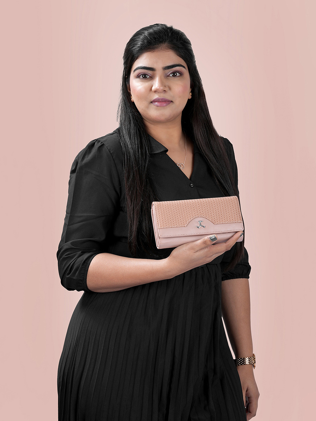 Mochi Peach-Coloured Textured Embellished Purse Clutch