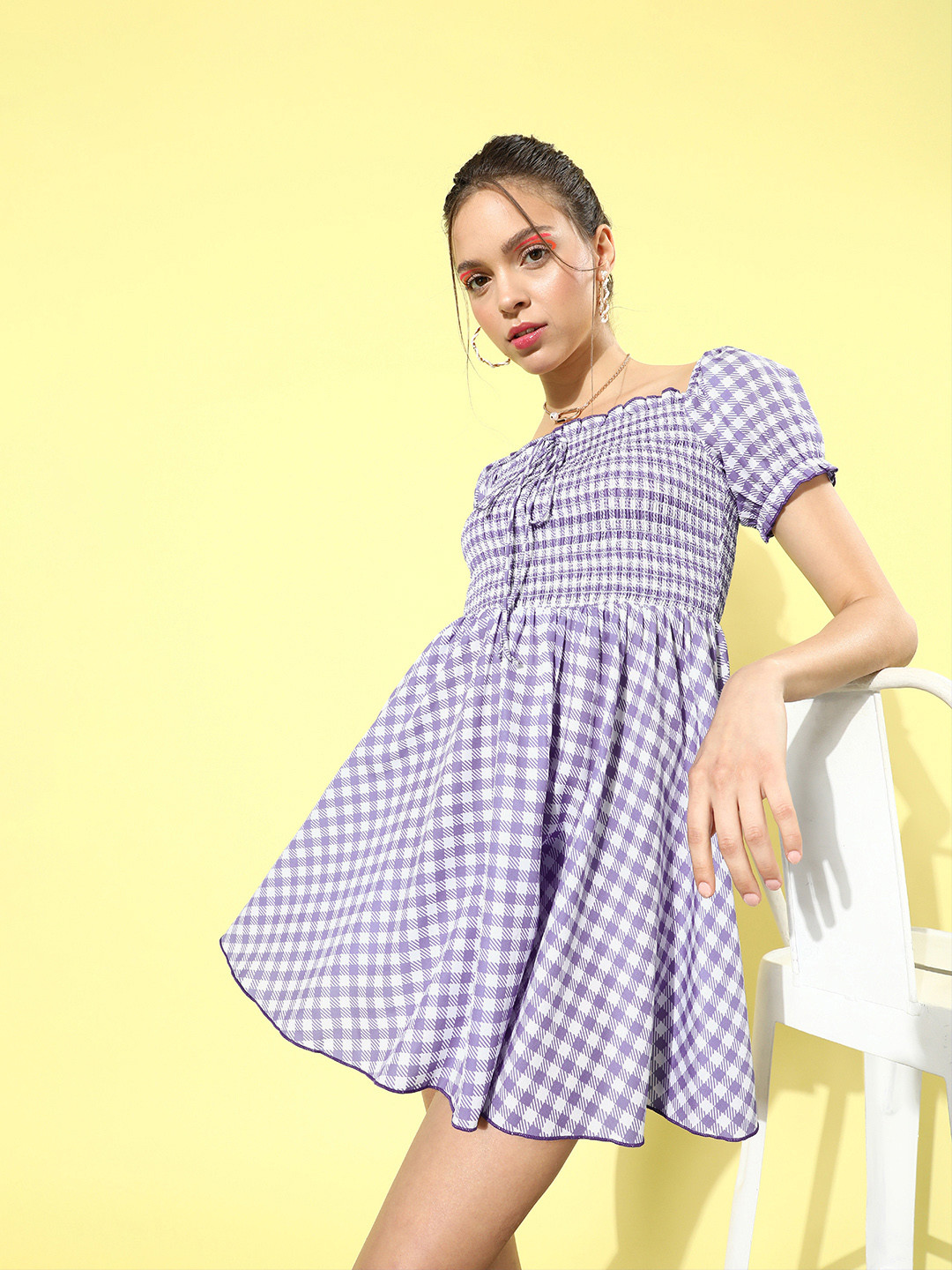 KASSUALLY Women Elegant Purple Checked Summer Gingham Dress
