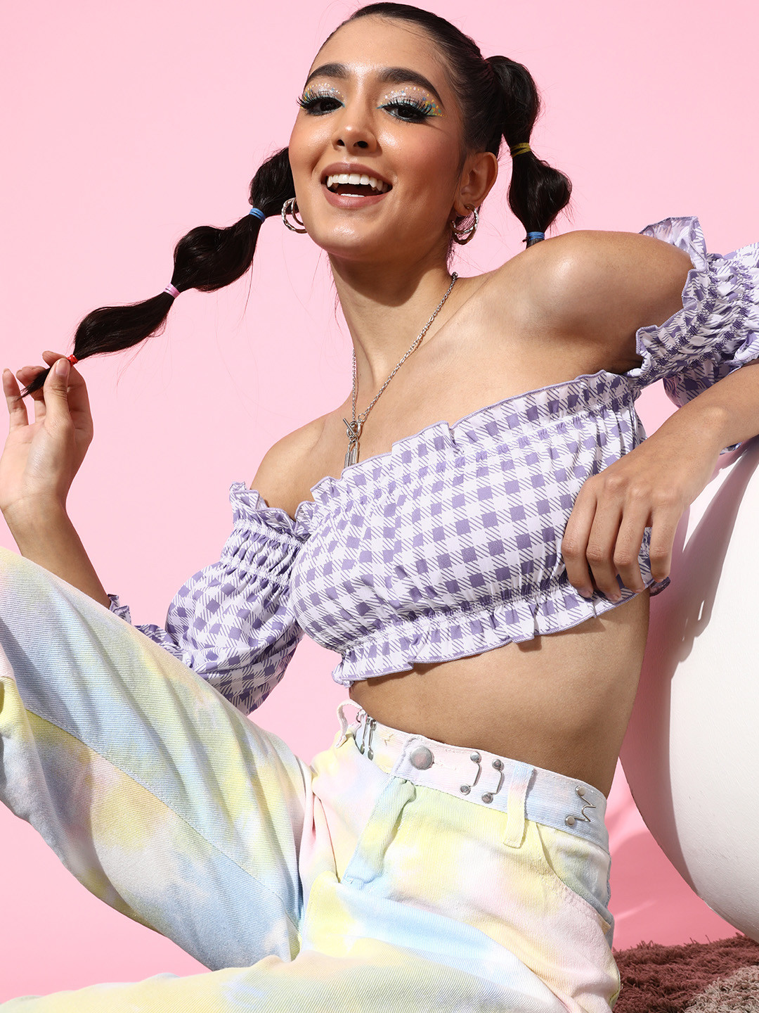 KASSUALLY Women Elegant Purple Checked Summer Gingham Top