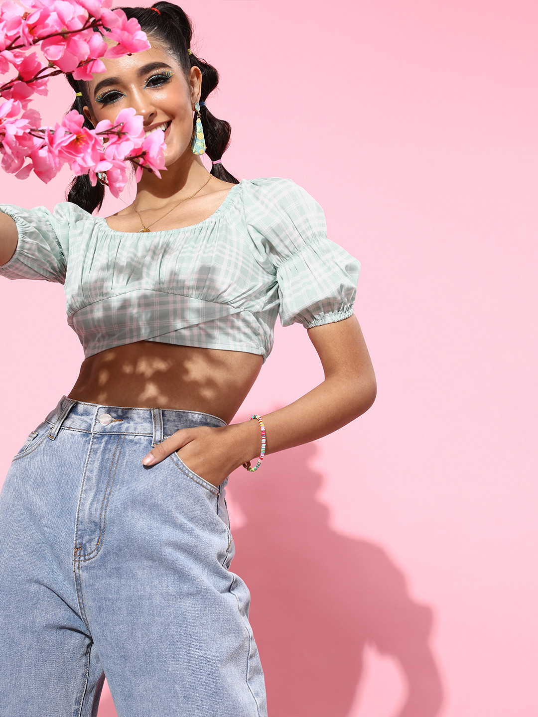 KASSUALLY Women Gorgeous Green Checked Summer Gingham Top