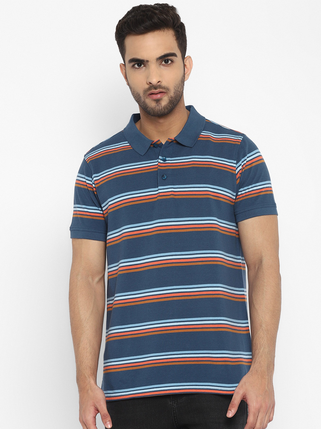 Red Chief Men Navy Blue & Orange Striped Polo Collar Cotton T-shirt