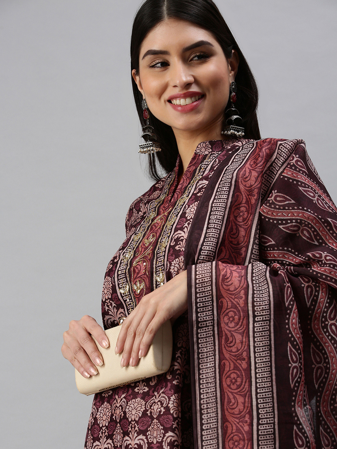 SHOWOFF Women Maroon Ethnic Motifs Mandarin Collar Straight Kurta Set With Dupatta