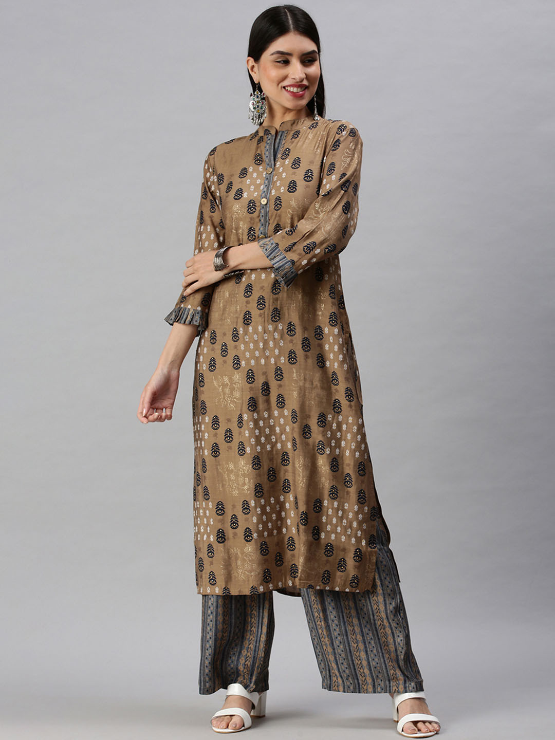 SHOWOFF Women Brown Ethnic Motifs Printed Beads and Stones Kurta with Palazzos