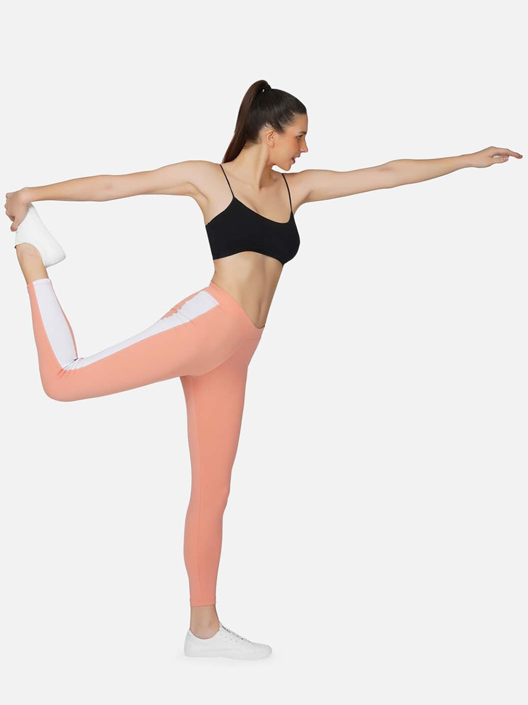 IMPERATIVE Women Peach Pink & White Solid Slim Fit Dry Fit Tights with Side Taping