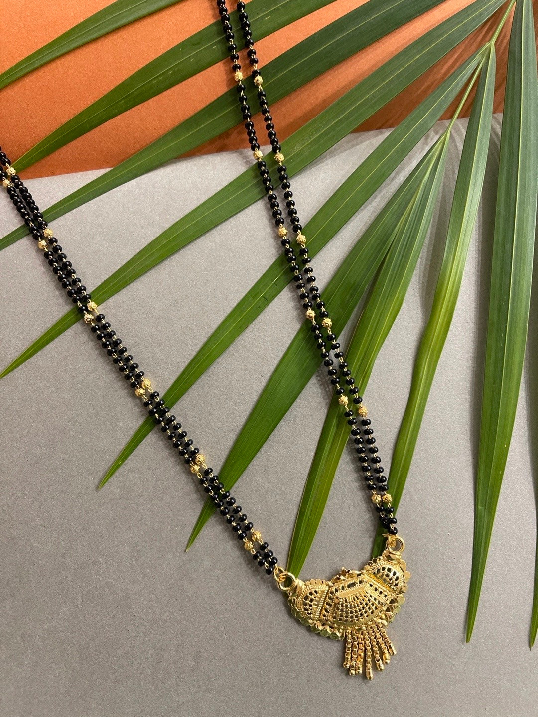 Digital Dress Room Gold Plated Long Mangalsutra With Black Beads Chain