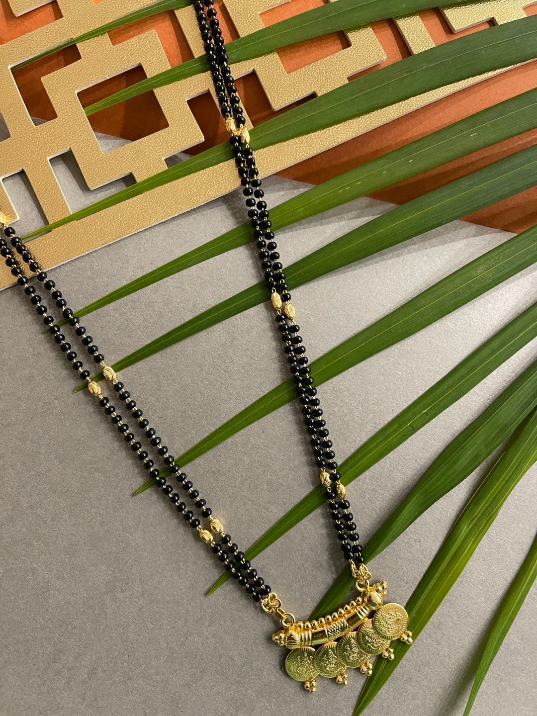 Digital Dress Room Gold-Plated Black Beaded Lakshmi Coin Design Long Mangalsutra