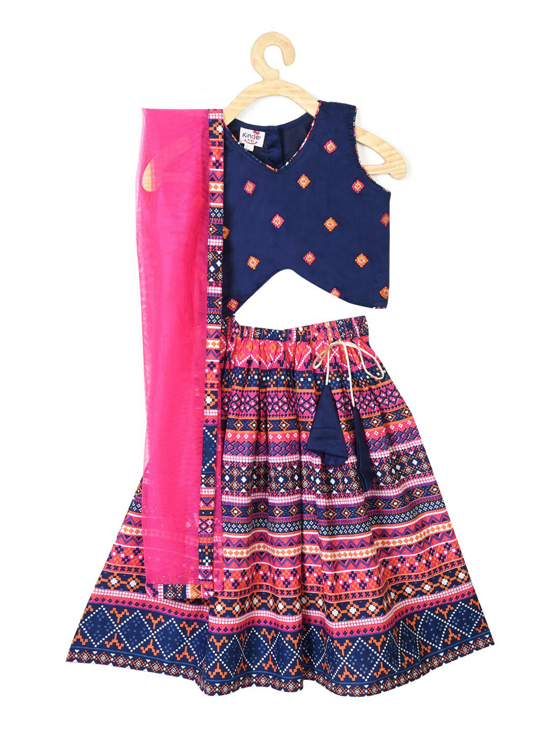 Here&Now X Kinder Kids Girls Blue & Pink Embroidered Foil Print Ready to Wear Lehenga & Blouse With Dupatta