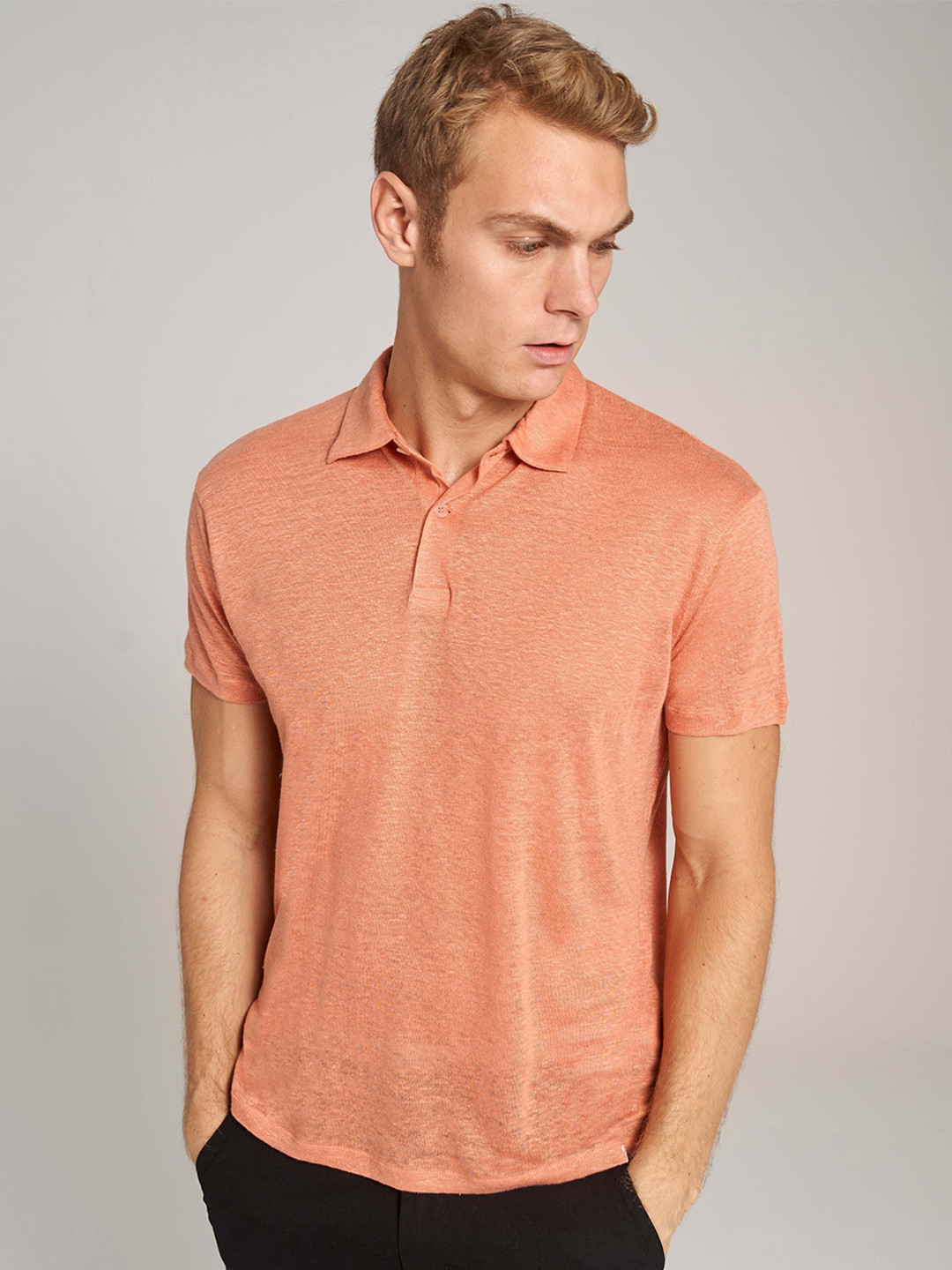Bruun & Stengade Men Orange Solid Polo Collar Linen T-shirt