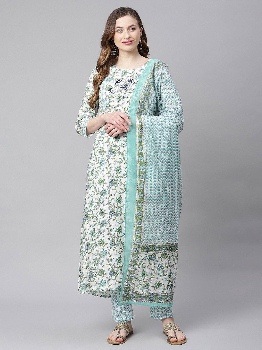 Sringam Women White Floral Printed Kurta Set With Dupatta