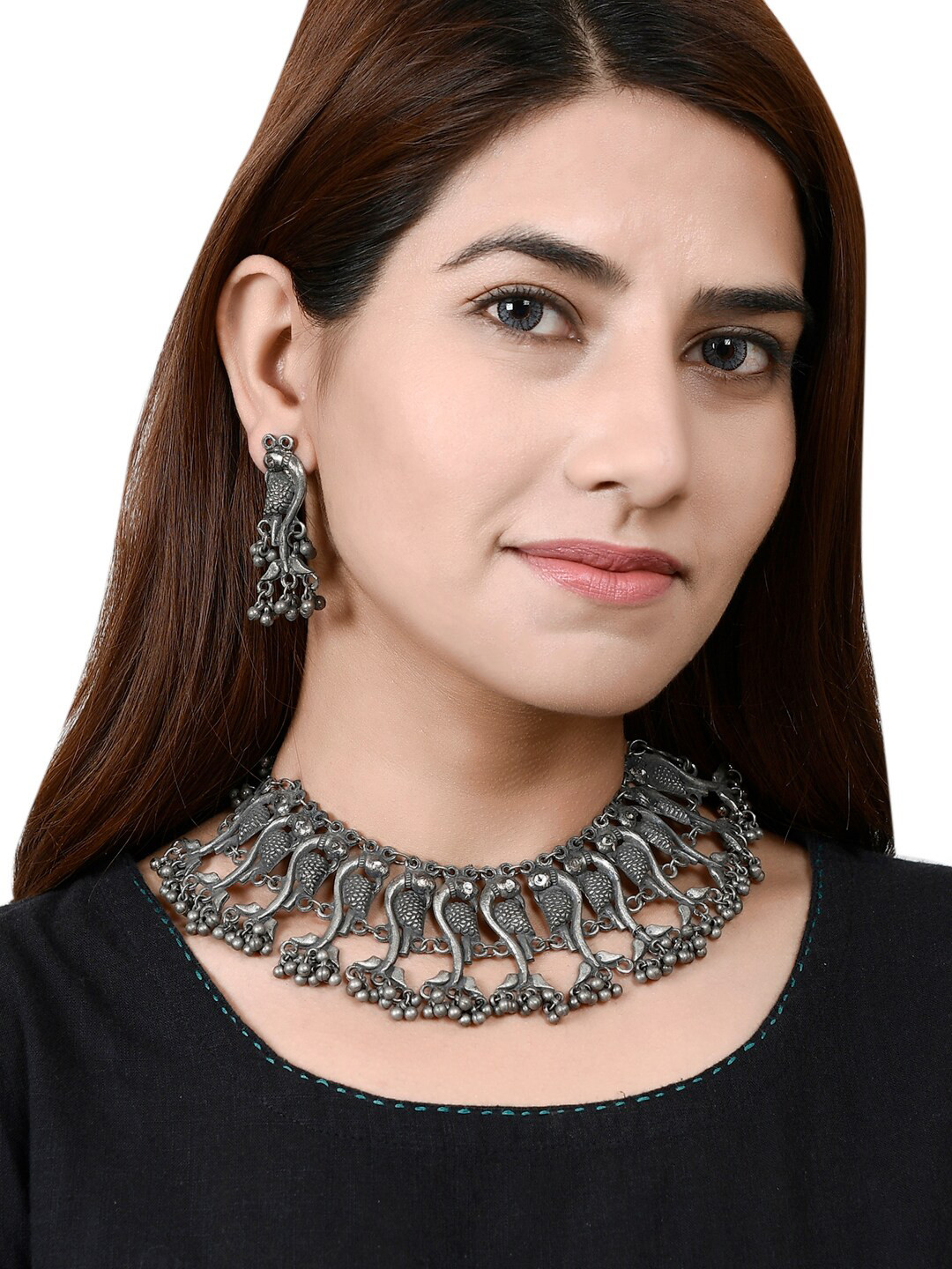 Silvermerc Designs Silver-Plated Oxidised Antique Peacock Jewellery set