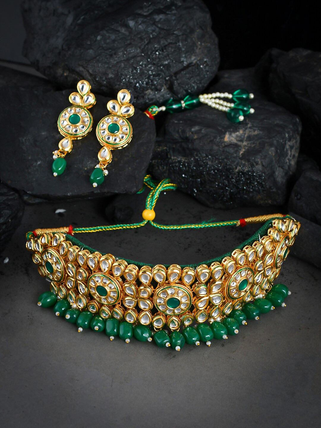 Silvermerc Designs Gold Plated & Green Studded Beaded Jewelry Set