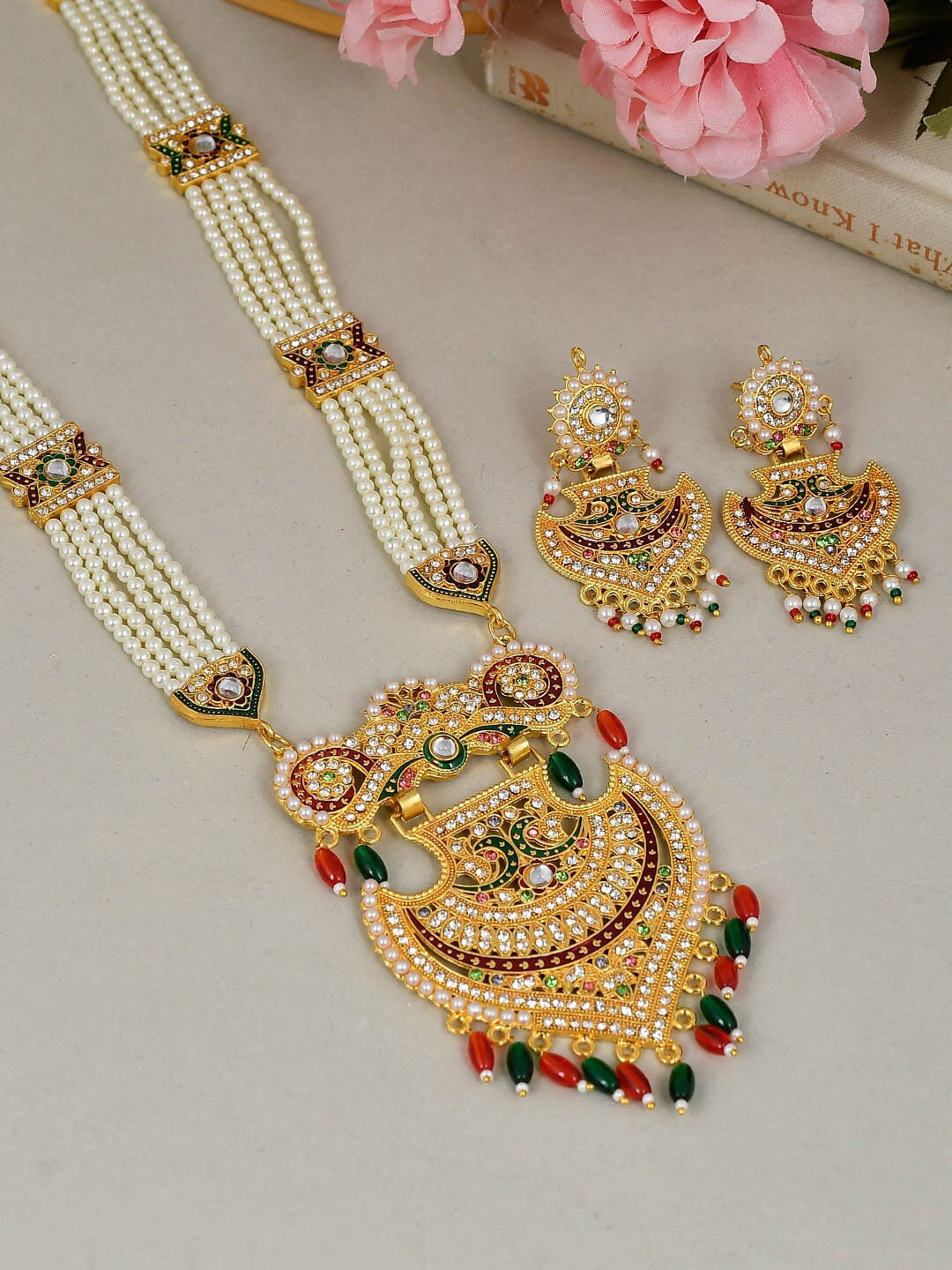 Silvermerc Designs Gold-Plated White Pearl Beaded Traditional Jewellery set