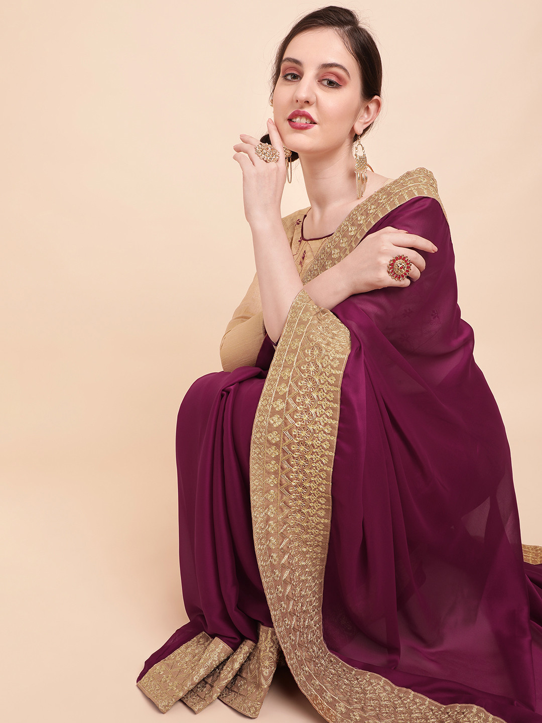 Sangria Burgundy & Gold-Toned Embroidered Pure Georgette Saree