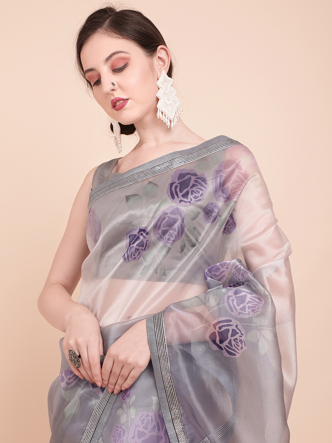 Sangria Grey & Purple Floral Organza Saree