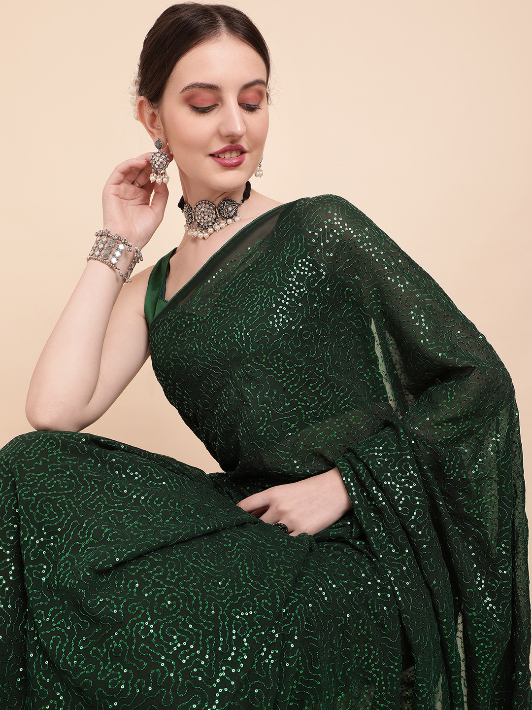 Sangria Olive Green Embellished Sequinned Pure Georgette Saree