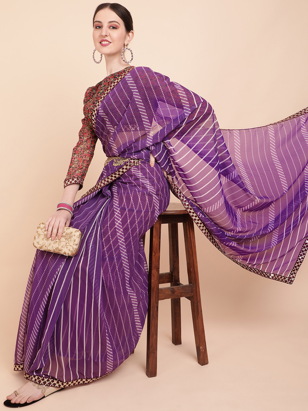 Sangria Purple & White Striped Sequinned Pure Georgette Saree