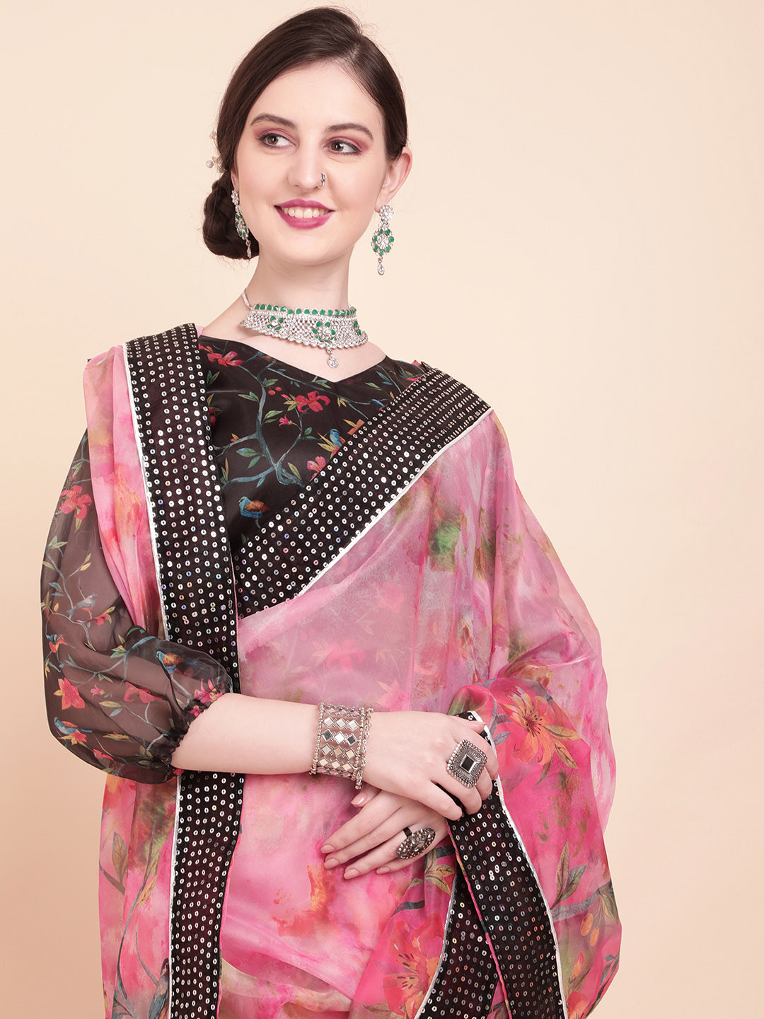 Sangria Rose & Black Floral Sequinned Organza Saree