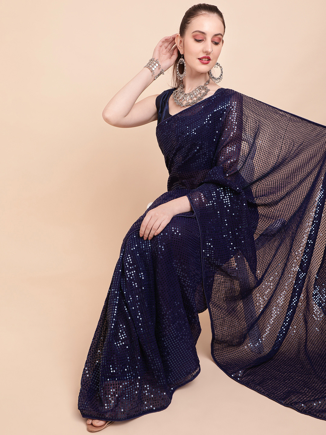 Sangria Navy Blue & Silver-Toned Sequin Embellished Pure Georgette Saree